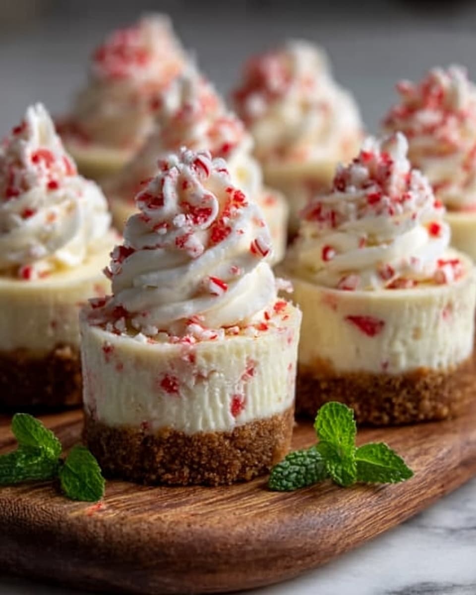 The image shows several small cheesecakes on a wooden board with a white marbled background. Each cheesecake has three layers: a brown crumbly base, a creamy off-white middle layer with small red candy pieces mixed in, and a swirl of white whipped cream on top sprinkled with crushed red and white peppermint candy bits. Some green mint leaves are placed around the cheesecakes for decoration. Photo taken with an iphone --ar 4:5 --v 7