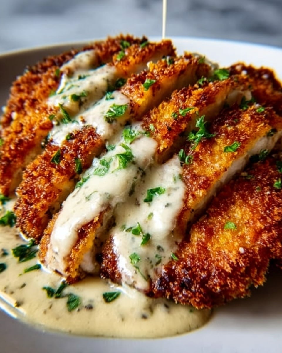 A close-up image of a breaded and fried cutlet, sliced into five thick pieces arranged side by side. The cutlet has a crispy golden-brown crust with a crunchy texture. On top, there is a light-colored creamy sauce slowly being poured over the middle slices, creating a smooth contrast to the rough crust. Small pieces of fresh green herbs are sprinkled over the sauce and cutlet. The dish is placed on a white plate, set on a white marbled surface. Photo taken with an iphone --ar 4:5 --v 7