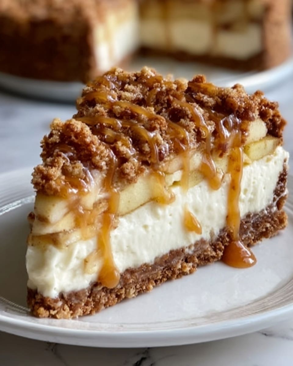 A slice of dessert with three visible layers on a white plate. The bottom layer is a brown crumbly crust that looks thick and firm. The middle layer is creamy and pale yellow, smooth in texture, appearing soft and rich. The top layer consists of diced apple chunks mixed with a golden brown crumb topping that looks crunchy and crumbly, drizzled with sticky caramel sauce. The slice is cut cleanly showing all the layers clearly. The background has a white marbled texture. Photo taken with an iphone --ar 4:5 --v 7