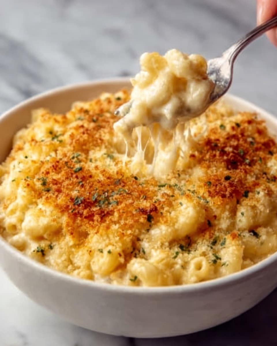 A close-up view of a creamy, golden baked macaroni and cheese served in a round white bowl. The dish has multiple layers: the top layer is a crispy, browned breadcrumb crust with hints of green herbs sprinkled on it, while below is a rich, thick, and cheesy macaroni filling with smooth, gooey melted cheese stretching as it is lifted by a fork. The white marbled surface underneath contrasts softly with the warm tones of the food, creating a cozy and inviting look. Photo taken with an iphone --ar 4:5 --v 7