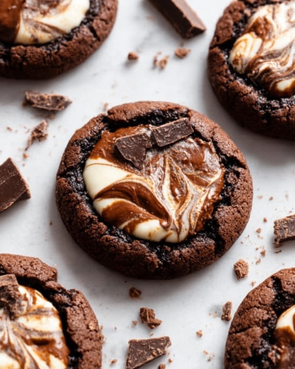 The image shows several round chocolate cookies on a white marbled surface. Each cookie has a cracked, dark brown, rough-textured outer layer, with a smooth, creamy swirl of white and light brown chocolate mixed in the center, creating a marbled look. Small pieces of broken chocolate are scattered around the cookies. A woman's hand is slightly touching one of the cookies from the top left. photo taken with an iphone --ar 4:5 --v 7