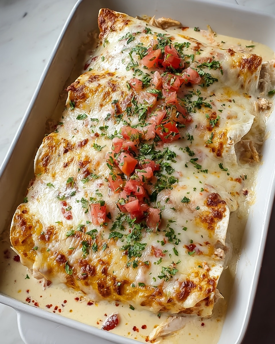 The dish shows three rolled enchiladas placed side by side in a white rectangular dish, each covered with a thick layer of melted white cheese that has golden brown spots from baking. On top, there are small pieces of red diced tomatoes and chopped green herbs evenly scattered. The enchiladas sit in a creamy light beige sauce that pools around them, with a visible filling of shredded chicken mixed with red pepper pieces peeking out from one end. The dish is set on a white marbled surface. photo taken with an iphone --ar 4:5 --v 7