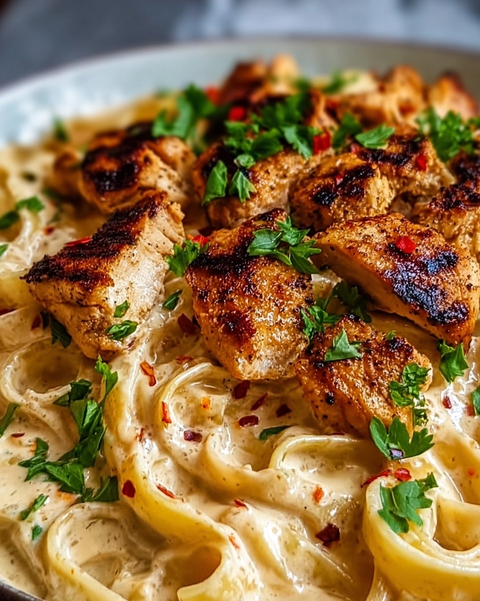 The dish shows a close-up of several pieces of grilled chicken with a rich brown and slightly charred texture on top, covered in a creamy orange sauce with black pepper and red chili flakes scattered over it. The chicken rests on a bed of creamy fettuccine pasta, coated in the same orange sauce, with visible smooth and slightly glossy textures. Bright green parsley leaves are sprinkled unevenly across the chicken and pasta, adding a fresh contrast to the warm tones. The entire dish is presented against a white marbled background. photo taken with an iphone --ar 4:5 --v 7