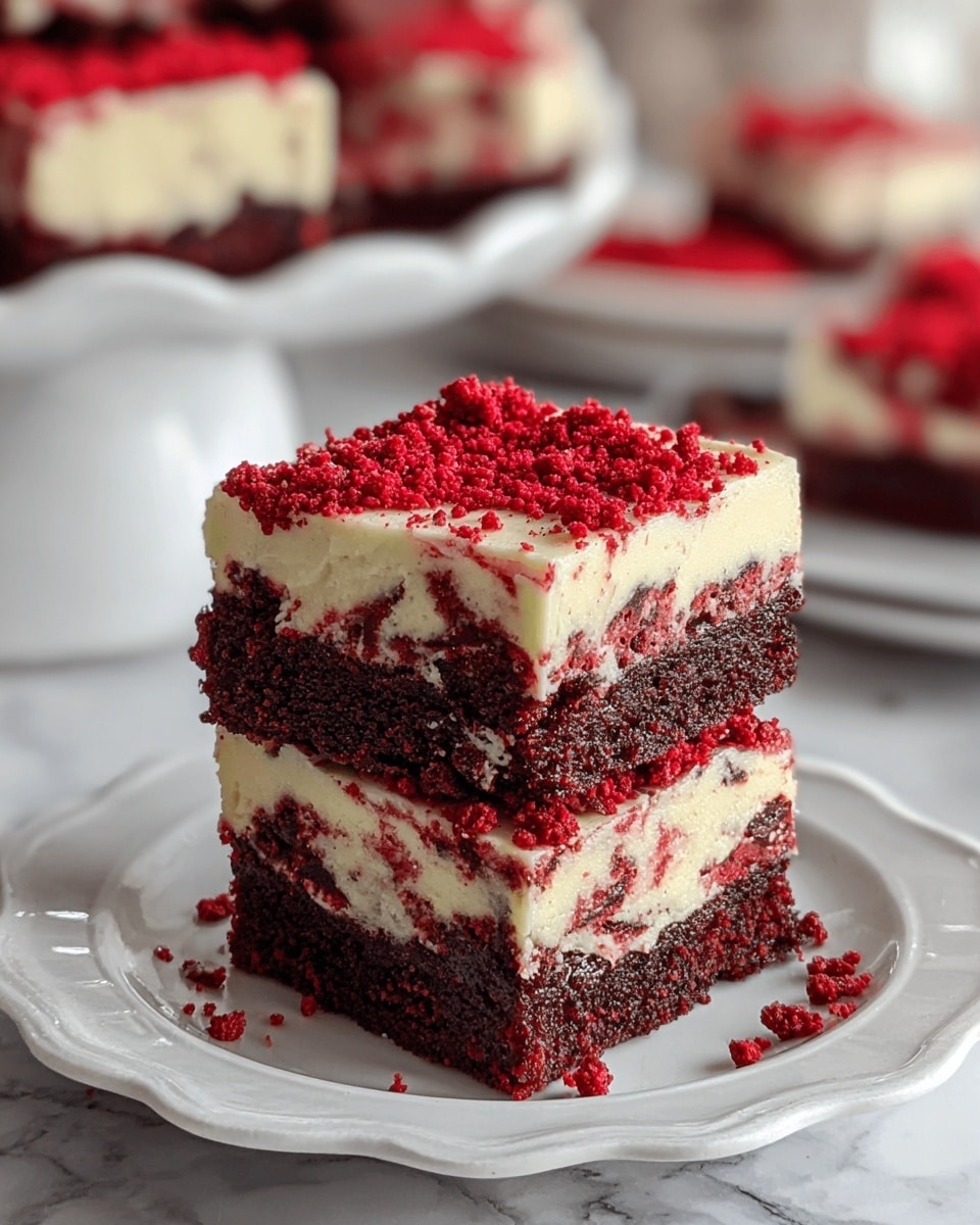 The image shows two square pieces of cake stacked on a white plate with a slightly wavy edge. Each piece has two layers: a dark, moist chocolate layer at the bottom, and a thick, creamy white layer on top that is slightly speckled with red crumbs. The top surface of the cake is covered with crushed red crumbs, which also scatter around the plate. The background is a white marbled texture with a blurred view of other cake pieces and a white decorative item. Photo taken with an iphone --ar 4:5 --v 7