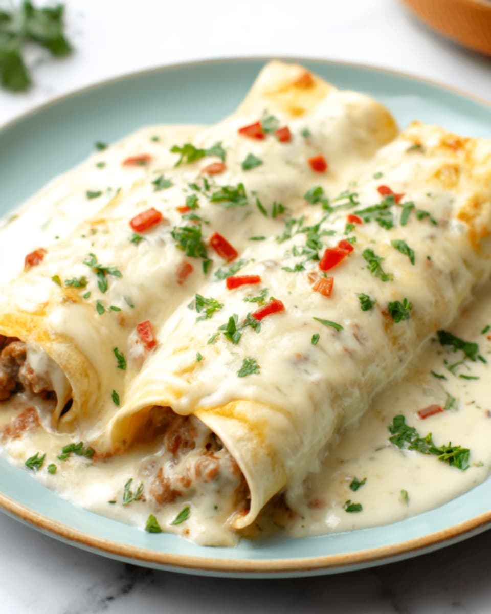 The image shows two rolled enchiladas placed side by side on a white plate. The enchiladas are covered in a smooth, creamy white sauce with visible small bits of cooked ground meat. On top, there is melted cheese that is slightly bubbly and covers most of the surface. There are small pieces of red chili and fresh green cilantro leaves sprinkled evenly over the sauce and cheese. The plate rests on a white marbled surface, and the photo taken with an iphone --ar 4:5 --v 7