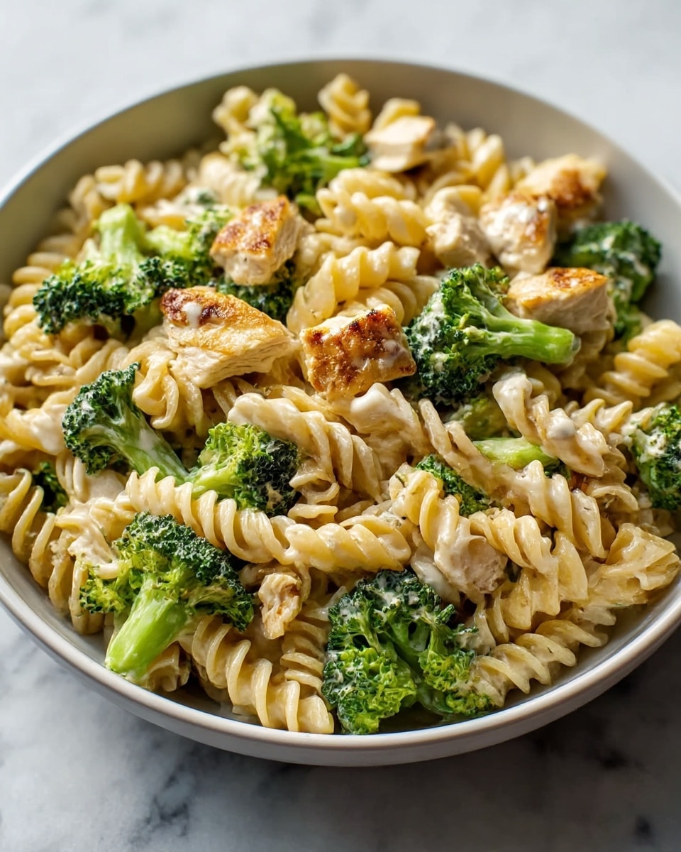 A close-up view of a white bowl filled with creamy pasta, showing about three layers of thick, light beige-colored rotini noodles covered in sauce. Scattered throughout the bowl are bright green broccoli florets with a slightly roasted texture and lightly browned grilled chicken pieces on top and mixed in, giving a golden-brown color with char marks. The bowl rests on a white marbled surface, enhancing the fresh and warm look of the dish. photo taken with an iphone --ar 4:5 --v 7