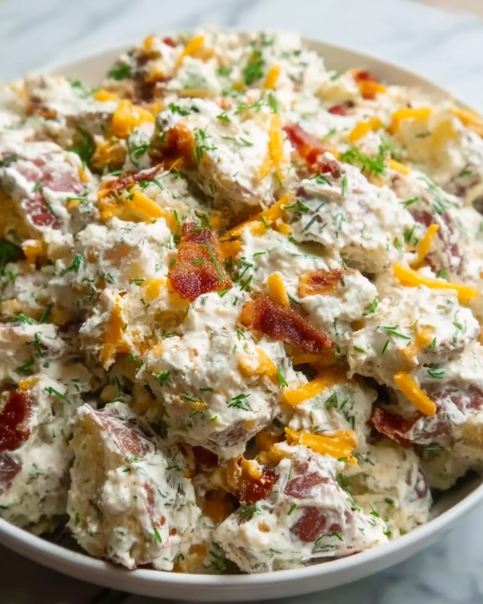 The dish shows a bowl full of creamy potato salad. It has many small potato pieces with creamy white dressing mixed with finely chopped green herbs, bits of red onion, and orange shredded cheese scattered on top. The texture looks soft and chunky with some smooth and creamy parts, and the colors mix white, orange, green, and purple. The bowl is white, sitting on a white marbled surface. Photo taken with an iphone --ar 4:5 --v 7