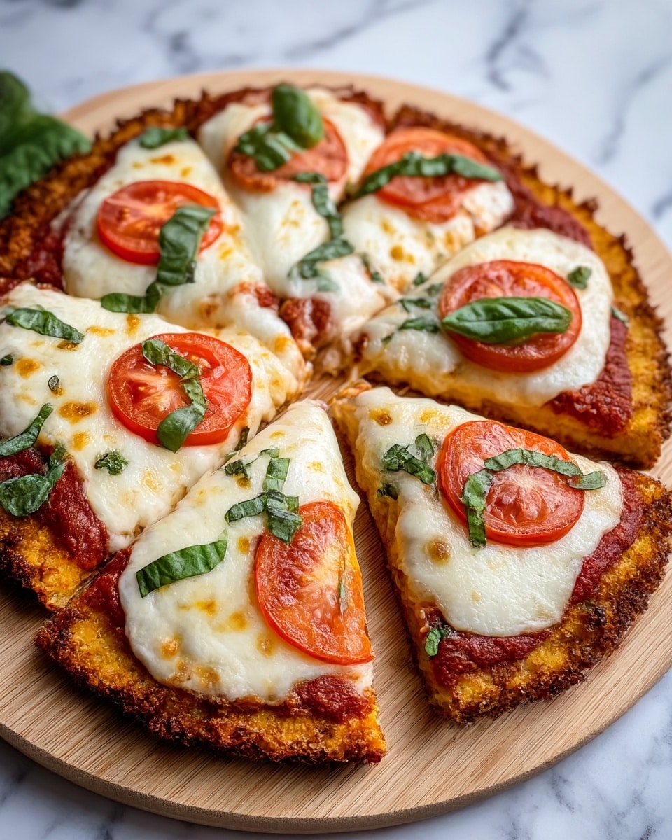 A pizza with seven slices arranged on a wooden board, featuring a crispy, golden brown crust with a crumbly texture. The bottom layer is a red tomato sauce spread evenly. On top, there is a thick layer of melted white cheese with a slightly browned and bubbly surface. Each slice has one round red tomato slice placed near the center, topped with fresh green basil leaves scattered across the pizza. The background is a white marbled surface with some blurred greenery in the back. Photo taken with an iphone --ar 4:5 --v 7