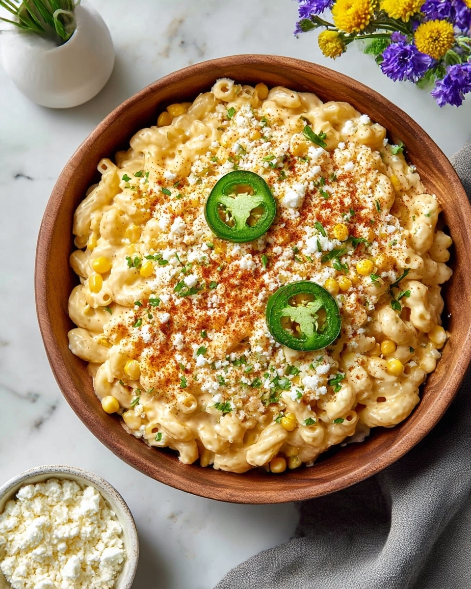 A close-up of creamy macaroni and cheese in a round wooden bowl placed on a white marbled surface. The macaroni is coated with smooth, pale yellow cheese sauce and mixed with small yellow corn kernels. On top, there is a sprinkling of crumbled white cheese and chopped green herbs, with a light dusting of reddish-brown spice evenly covering the dish. Two slices of fresh green jalapeño peppers are placed near the center. To one side, a small white bowl holds extra crumbled white cheese, and nearby, a single jalapeño slice and a blue-flowered plant in a light vase add a touch of color. photo taken with an iphone --ar 4:5 --v 7