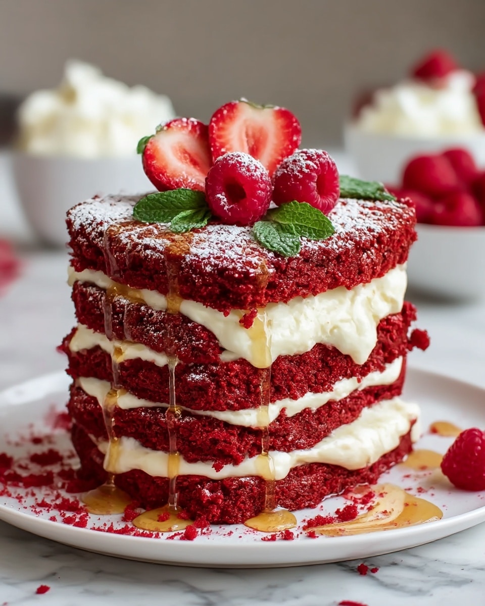 A stack of three thick layers of red velvet cake with a rough, crumbly texture, each separated by a thick layer of creamy white frosting with some honey dripping down the sides. The top layer is decorated with powdered sugar, three halved strawberries, three raspberries, and two green mint leaves. The cake sits on a white plate with red crumbs and drizzled honey around it, placed on a white marbled surface. In the background, blurred bowls of whipped cream and raspberries are visible. Photo taken with an iphone --ar 4:5 --v 7
