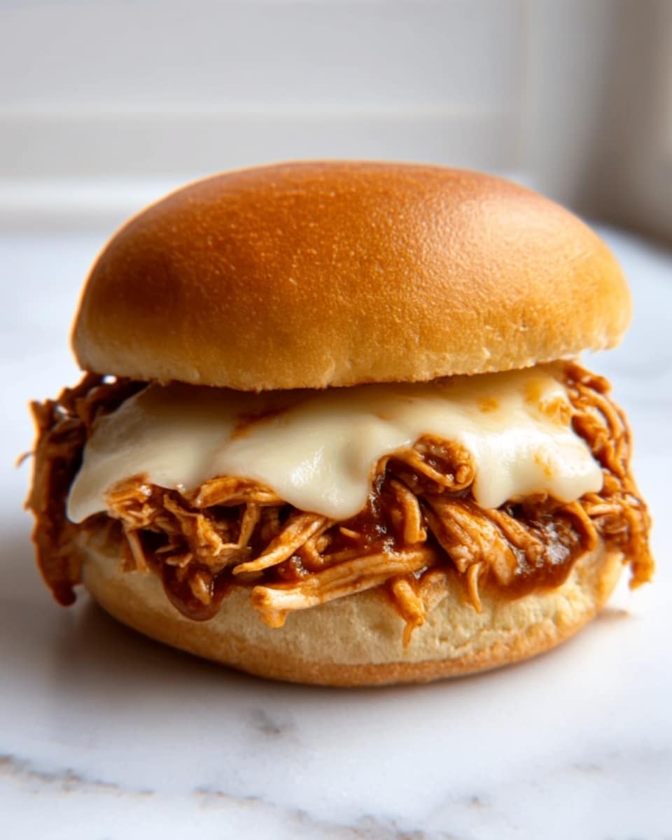 A close-up view of a pulled chicken sandwich on a soft, golden brown bun. The bottom bun holds a thick layer of shredded chicken covered with melted white cheese that looks slightly gooey. The top bun is gently placed above, showing light texture and a shiny surface. The sandwich sits on a white surface with a white marbled texture, softly lit by natural light from a window in the background. Photo taken with an iphone --ar 4:5 --v 7