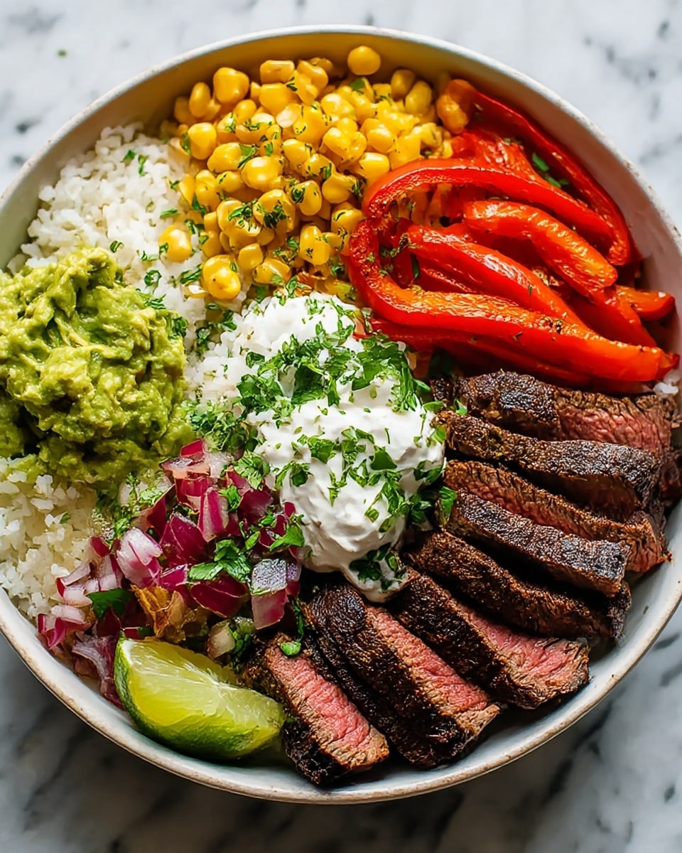 The dish is served in a white bowl filled with several colorful layers. On the bottom right, there is a base of cooked brown rice with a soft texture. On top of the rice, near the center and right side, there are many pieces of grilled steak, brown on the outside and pink in the middle, garnished with chopped green herbs. At the top right corner, there are thin slices of red onion with a red and purple color mix. Above the rice towards the top center is a small white dollop of sour cream sprinkled lightly with green herbs and some red powder. To the left of the sour cream, bright yellow corn kernels create a textured layer. On the left side near the middle, slices of grilled red bell peppers add a shiny, slightly charred red color. A scoop of chunky green guacamole is placed near the bottom left side, and a lime wedge rests at the top left corner of the bowl. The whole dish is presented on a white marbled surface. photo taken with an iphone --ar 4:5 --v 7