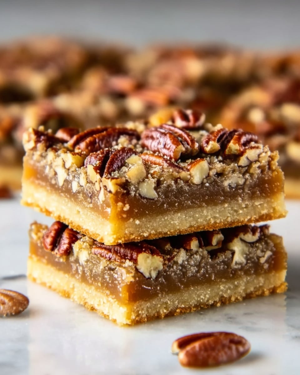 The image shows two square bars stacked on top of each other, each bar with three layers. The bottom layer is a golden, firm crust. The middle layer is a smooth, light brown caramel filling. The top layer is covered with many whole and chopped pecans, giving a rough, crunchy texture with a dark brown color. The bars sit on a white marbled surface with more bars blurred in the background. The photo is clear and focused, highlighting the glossy caramel and crunchy nuts. photo taken with an iphone --ar 4:5 --v 7