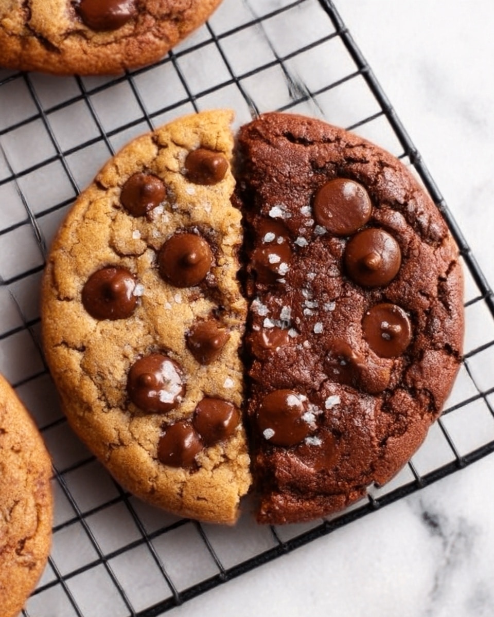 A round cookie split evenly into two halves, one half is golden brown with melted chocolate chips and a soft, slightly crumbly texture, while the other half is dark brown, rich and fudgy with more melted chocolate chips on top; the cookie rests on a wire cooling rack with a white marbled surface underneath, showing a cozy baking scene. photo taken with an iphone --ar 4:5 --v 7