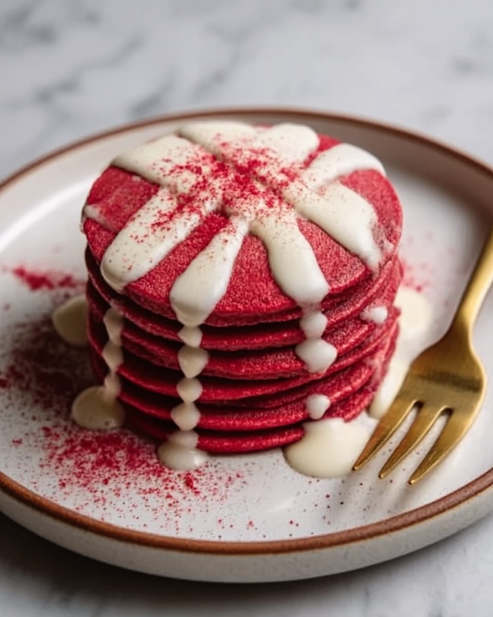 A stack of about six thick red pancakes sits in the middle of a white plate. The pancakes are deep red with a soft, fluffy texture. White cream sauce is poured over the top pancake, dripping down the sides. A light dusting of red powder is sprinkled around the stack on the plate. A gold fork rests on the edge of the plate. The background surface is a white marbled texture. Photo taken with an iphone --ar 4:5 --v 7