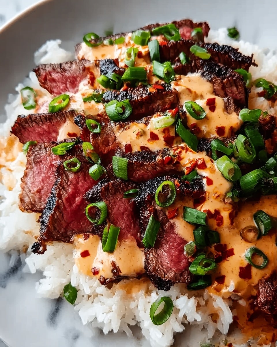 The dish shows a base layer of white rice with a slightly sticky texture, topped with thick slices of grilled steak cooked to medium rare with a seared, dark brown crust and juicy pink inside. Over the steak, there is a creamy, light orange sauce with visible spices, drizzled generously. On top, pieces of fresh, chopped green onions add a bright green color and fresh texture. The food is placed on a white plate, set on a white marbled background. Photo taken with an iphone --ar 4:5 --v 7