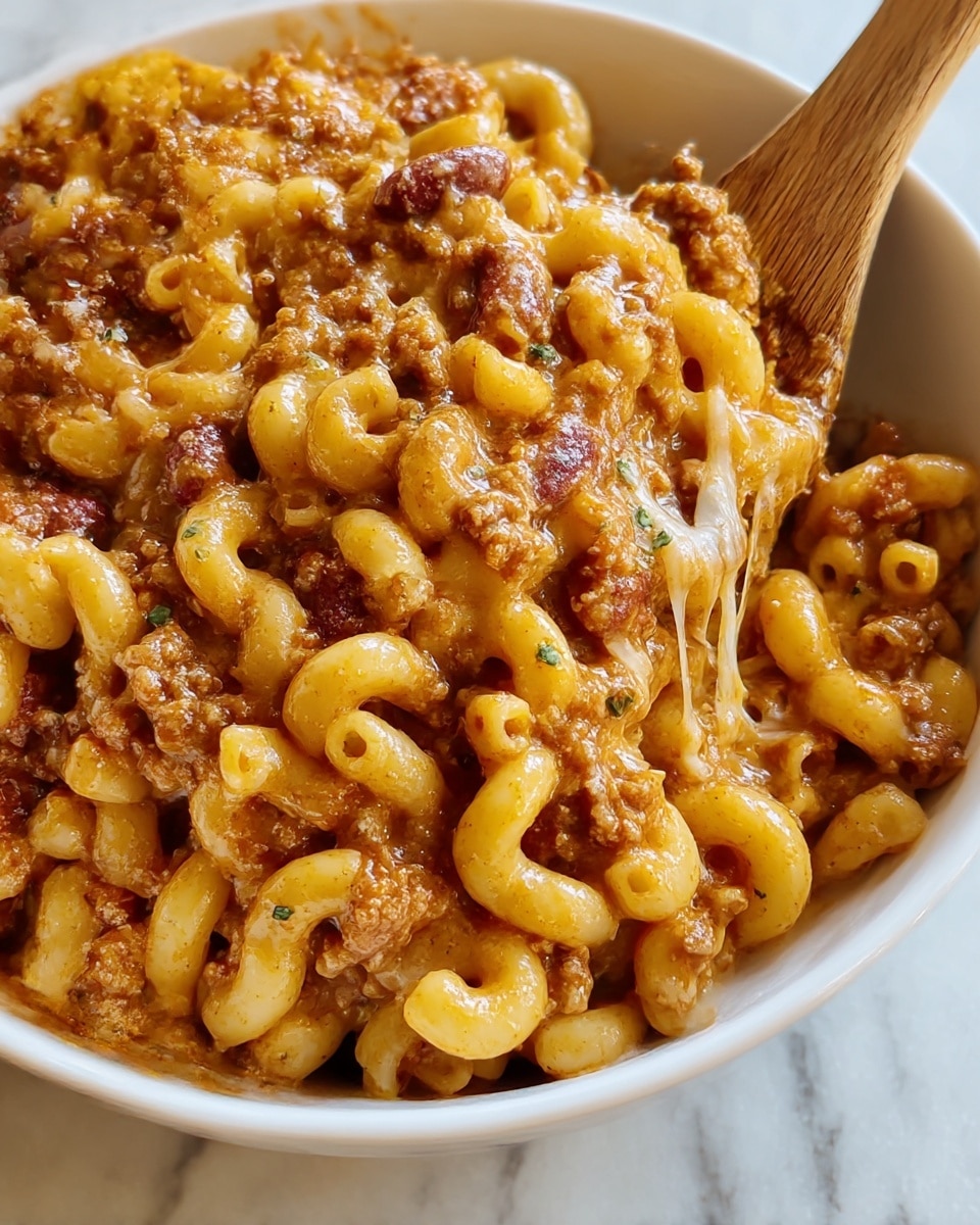 A close-up view of a creamy macaroni and beef dish served in a white bowl, showing three main layers: the macaroni pasta with its soft yellow curved tubes, cooked ground beef mixed evenly throughout giving a crumbly brown texture, and melted cheese on top that is gooey and slightly browned, with small green herb bits sprinkled over for color contrast; a dark wooden spoon is partially visible stirring the mixture, all set on a white marbled surface. photo taken with an iphone --ar 4:5 --v 7