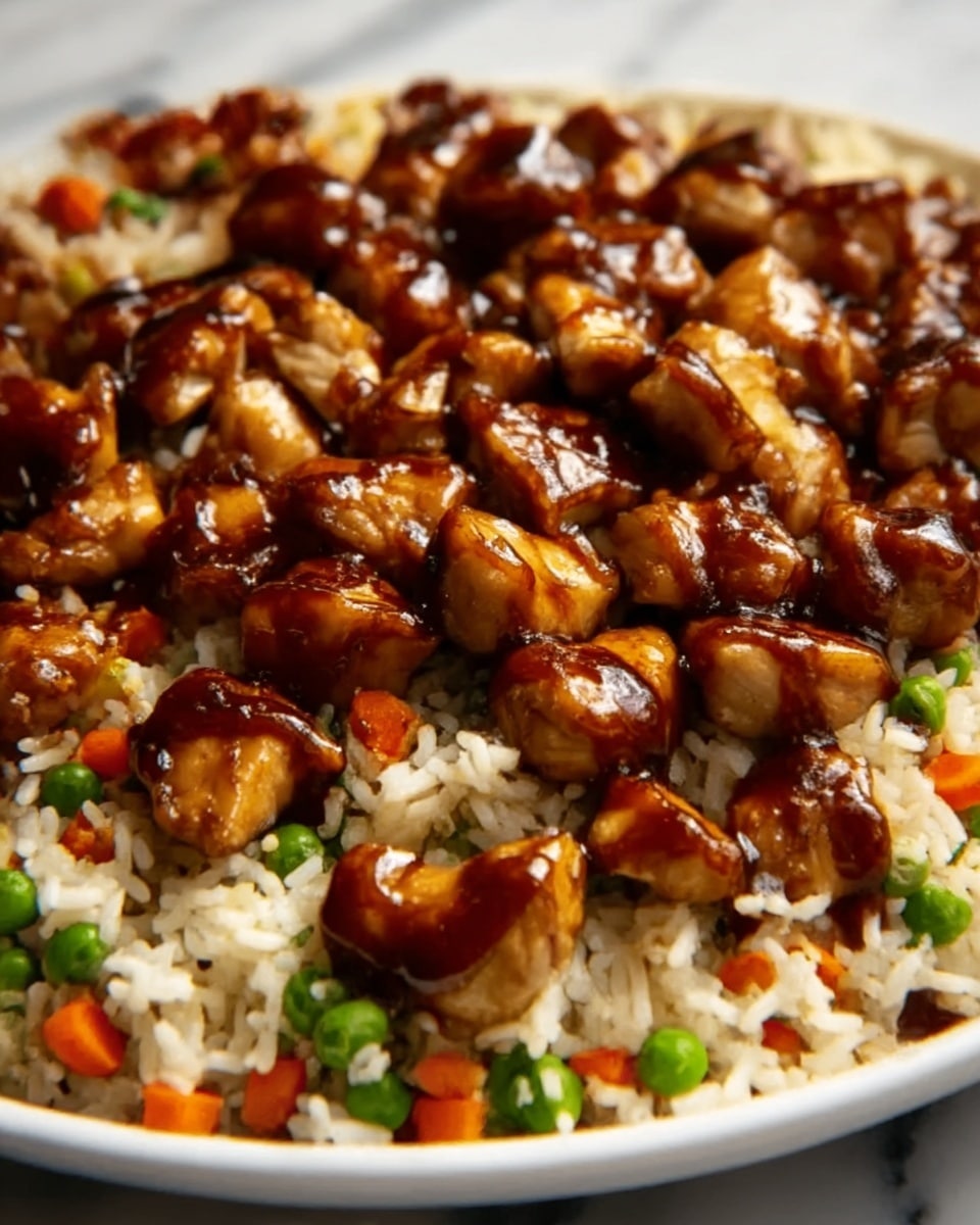 A close-up image shows a white plate filled with cooked white rice mixed with small pieces of green peas, orange carrot bits, and scrambled eggs, creating a colorful base. On top is a thick layer of grilled chicken pieces that are coated in a shiny dark brown sauce, making them look moist and flavorful. The chicken pieces have a slightly charred texture with visible grill marks. The white marbled surface is softly blurred in the background. photo taken with an iphone --ar 4:5 --v 7