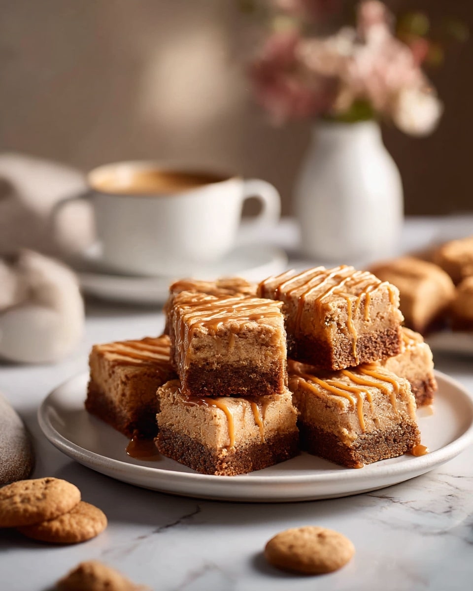 A round white plate holds six square bars arranged in a small pile on a white marbled surface. Each bar has two clear layers: a thick, dark brown bottom layer with a slightly crumbly texture, and a lighter golden-brown top layer that looks soft and spongy. The top layer has smooth, shiny caramel drizzled in thin lines across it. The background is softly blurred with a cup of coffee in a white cup and saucer, and a white vase with soft pink flowers. A few small brown round cookies are scattered on the surface nearby. photo taken with an iphone --ar 4:5 --v 7