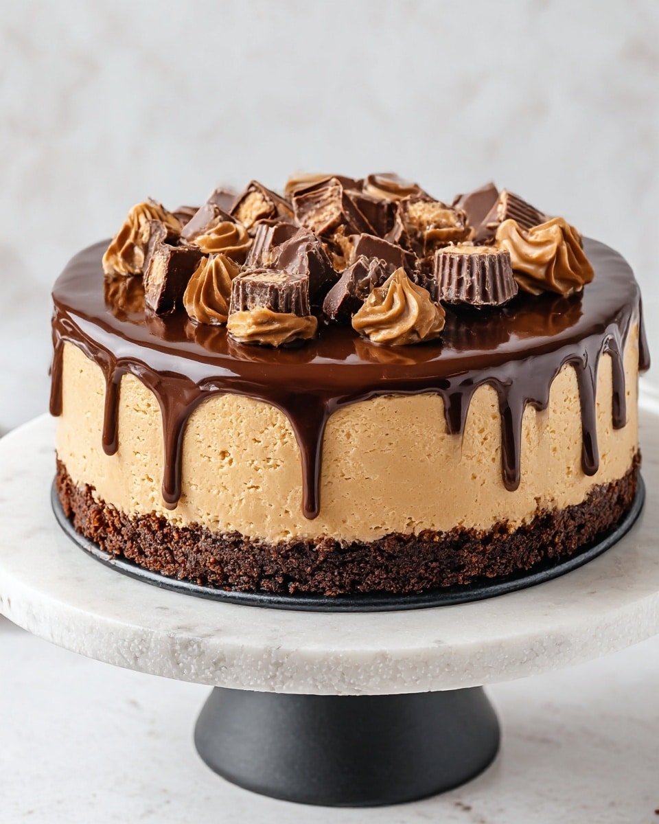 A three-layer round cake sits on a white cake stand with a black base, placed on a white marbled surface. The bottom layer is a dark chocolate crumb crust with a rough texture. The middle layer is thick and creamy with a light caramel color and smooth surface. The top layer is glossy dark chocolate ganache dripping slightly over the edges. On top, there are scattered chunks of dark chocolate and swirls of caramel sauce spread unevenly across the ganache. The background is softly blurred with a neutral white tone. Photo taken with an iphone --ar 4:5 --v 7