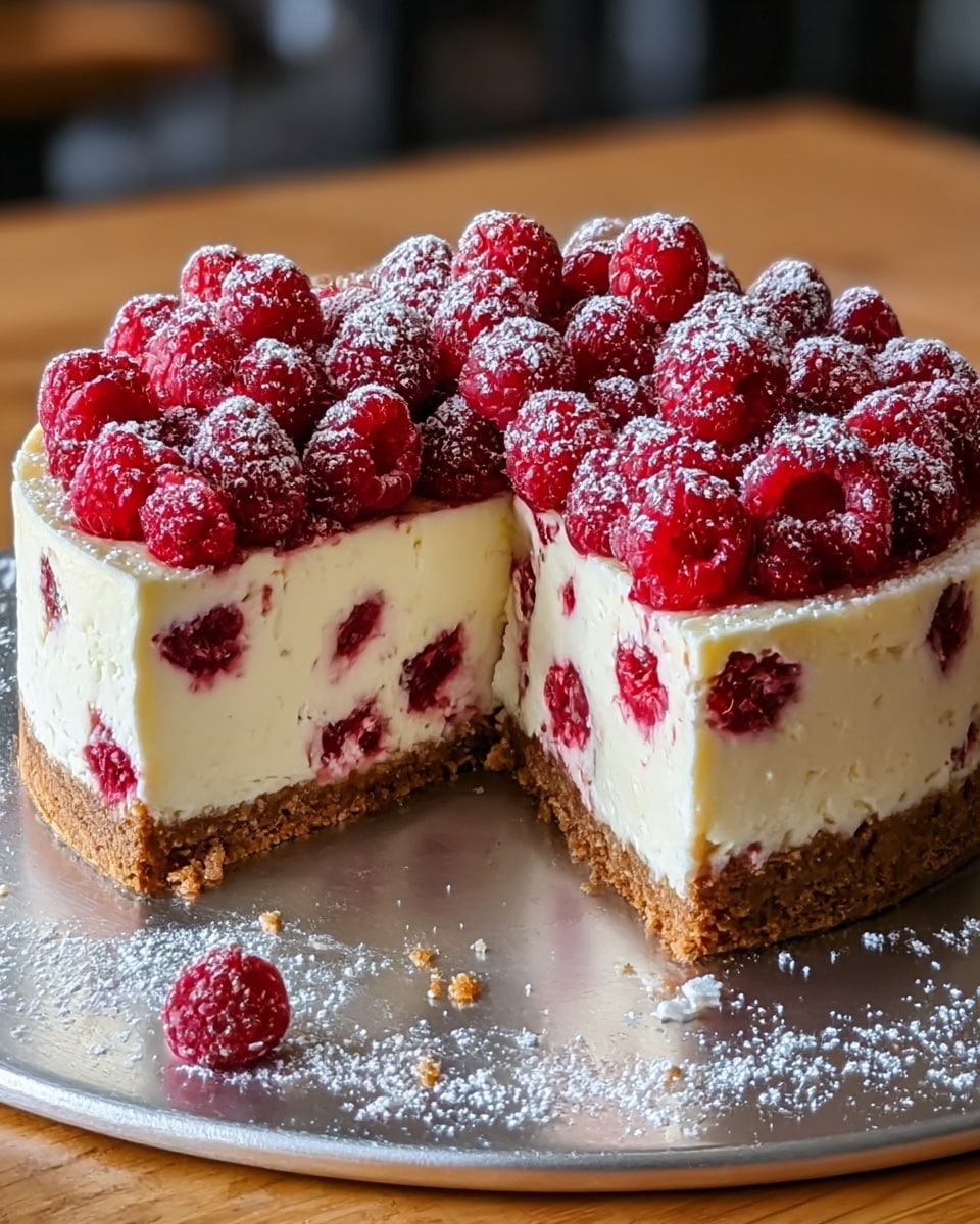 A raspberry cheesecake with three visible layers is shown on a round silver base over a white marbled texture. The bottom layer is a crumbly brown cookie crust. The middle layer is thick, creamy white cheesecake mixed with whole raspberries, some stained with red juice. The top layer is a mound of fresh bright red raspberries dusted lightly with powdered sugar, covering the entire surface. One slice has been cut out, creating a clear view of the inner layers and crumbs scattered on the base. photo taken with an iphone --ar 4:5 --v 7