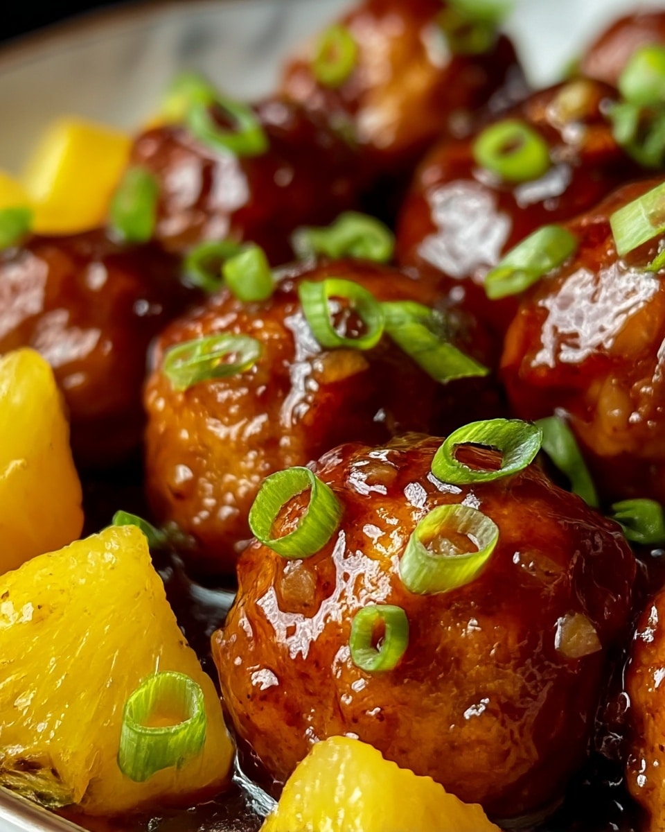 This close-up image shows several golden brown crispy balls covered in a shiny thick dark brown sauce with small chopped onions mixed in. There are bright yellow pieces of pineapple scattered around. Small green onion pieces are sprinkled on top, adding a fresh touch. The focus is sharp on the front balls and pineapple, with the background blurred but showing more of the same. The dish looks glossy, sticky, and juicy with a rich, sticky texture. photo taken with an iphone --ar 4:5 --v 7