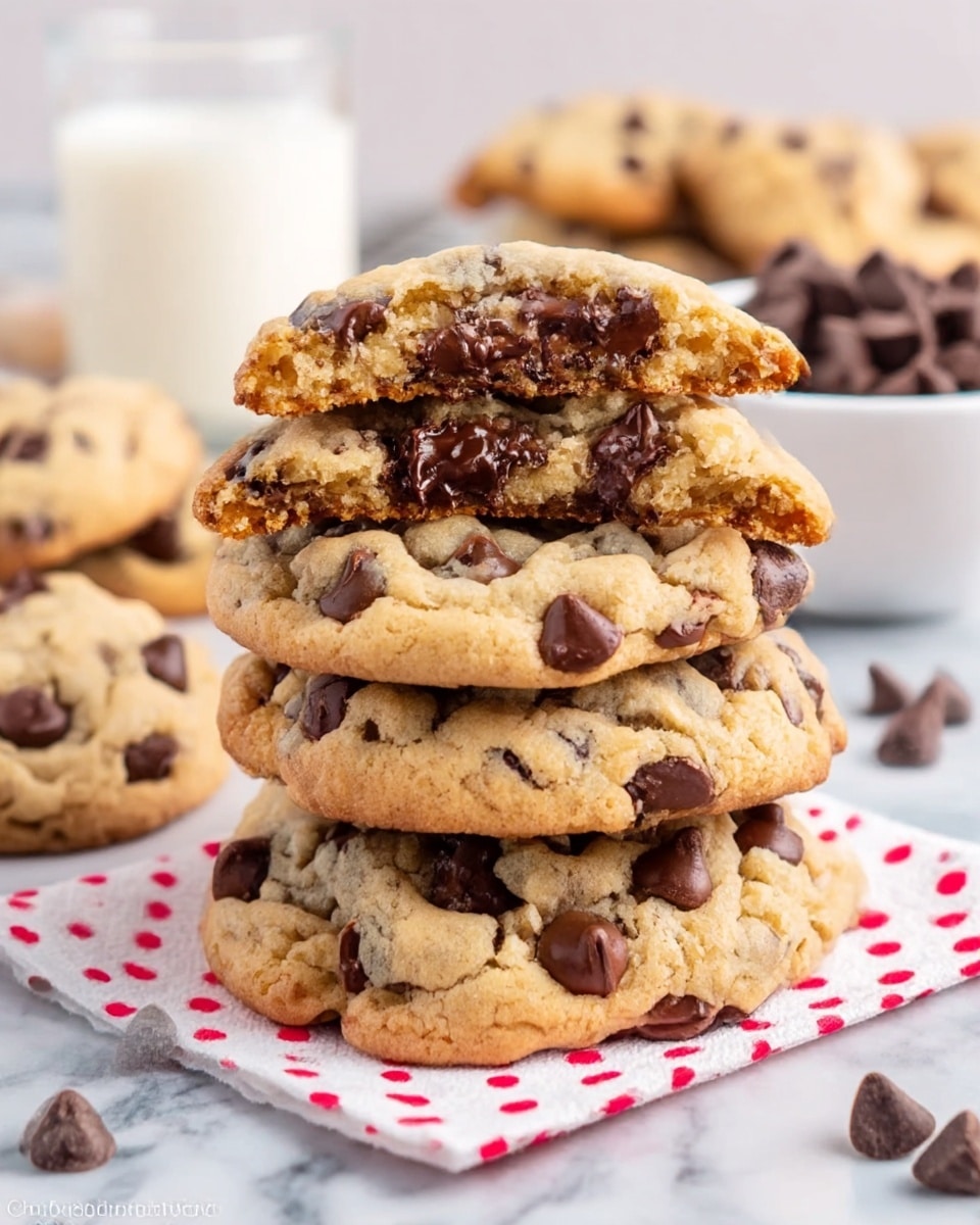 The image shows a stack of four thick chocolate chip cookies on a white surface with a white marbled texture. The cookies are golden brown with many large, dark chocolate chips, and the top cookie is broken in half, revealing gooey melted chocolate inside. Around the stack, there are some scattered chocolate chips and parts of other cookies, with a white bowl filled with chocolate chips slightly blurred in the background. The photo taken with an iphone --ar 4:5 --v 7