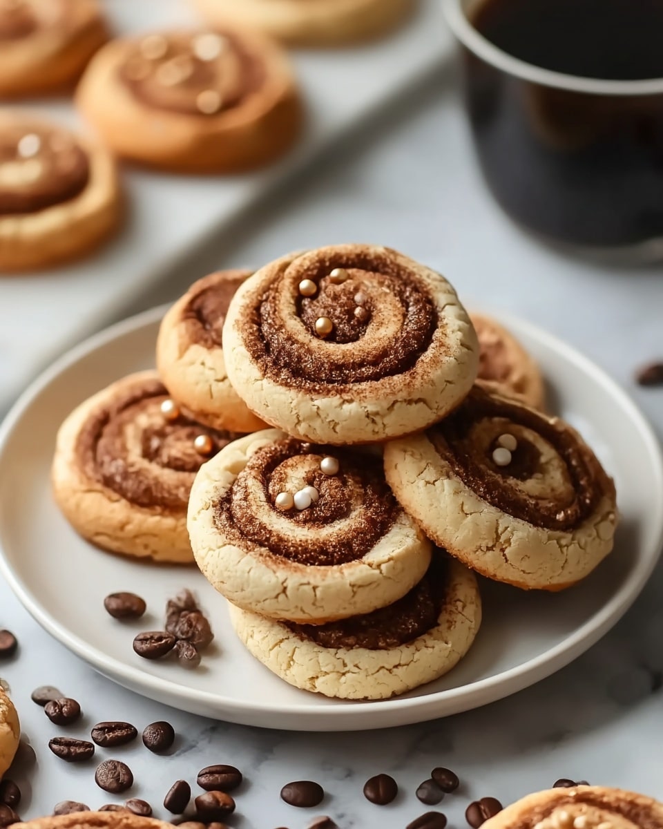 A round white plate holds six cinnamon swirl cookies stacked in a small pile, each cookie showing two layers: a light beige bottom layer with a cracked texture and a top layer swirled with darker brown cinnamon powder creating a spiral effect. Tiny golden and white sugar pearls are scattered on top of the cookies, adding a shiny look. On the plate and nearby, dark brown coffee beans are spread around, enhancing the warm tones of the cookies. The scene is set on a white marbled surface with parts of additional cookies and a blurred cup of black coffee in the background. photo taken with an iphone --ar 4:5 --v 7