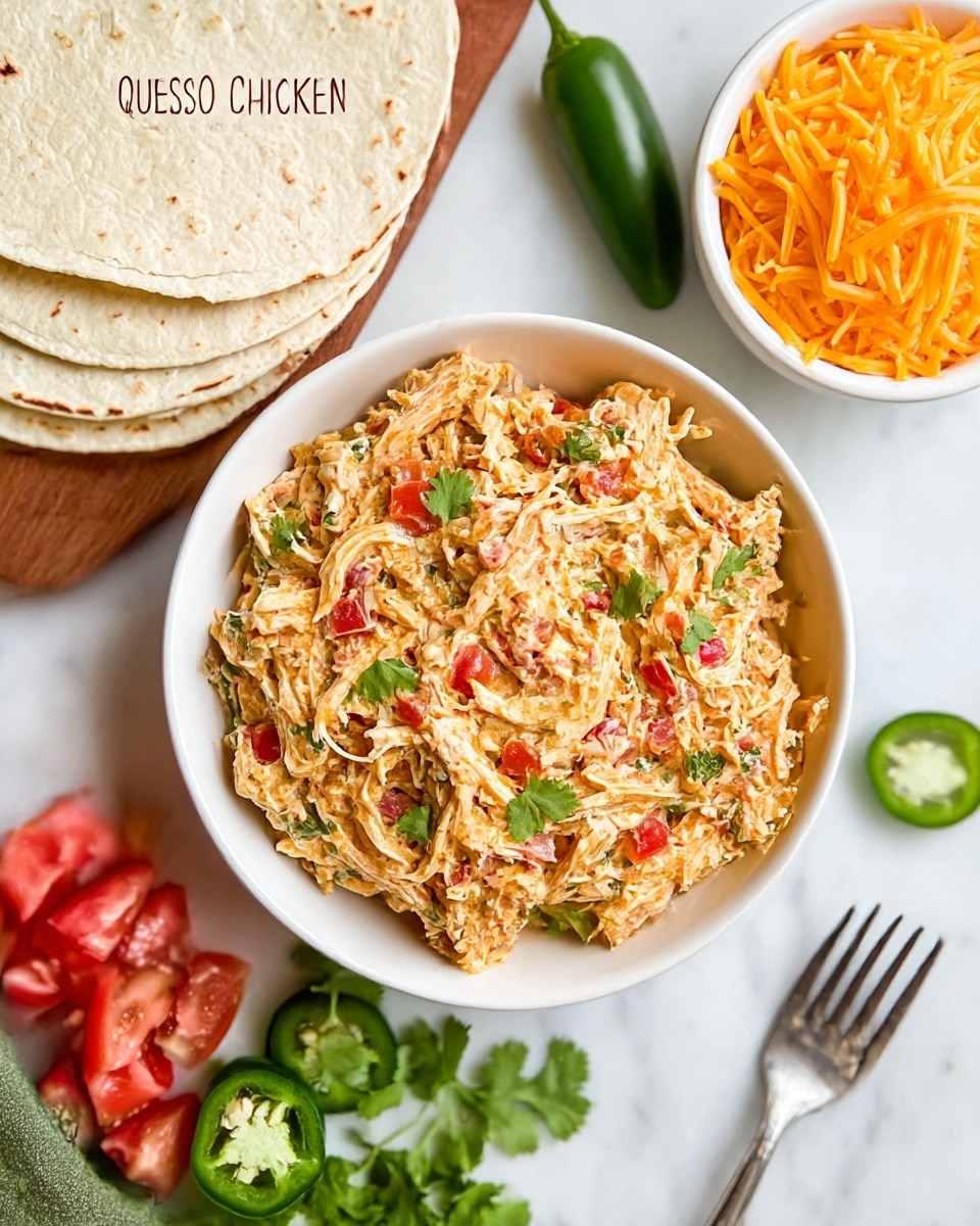 A white bowl filled with shredded queso chicken mixed with bits of red tomatoes and sprinkled with green cilantro leaves sits in the center. To its top right, a small white bowl holds bright orange shredded cheddar cheese. On the left side, a stack of three white soft tortillas is leaning against each other. Fresh green jalapeños, sliced and whole, along with chopped pink tomatoes and more green cilantro leaves, are placed beside the bowls on a white marbled surface. A silver fork is visible at the bottom right edge of the image, and a woman's hand is lightly touching the edge of the bowl of shredded chicken. Photo taken with an iphone --ar 4:5 --v 7