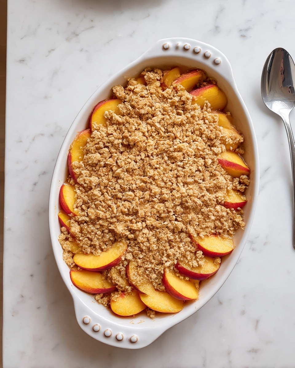The image shows a white oval baking dish filled with a peach crumble dessert. The dish has two small handles with a row of raised dots near the edges. The bottom layer consists of sliced peach pieces with yellow-orange and reddish skin, arranged neatly around the sides. The entire top layer is covered with a crumbly, golden-brown streusel topping that is textured and uneven, giving a crunchy appearance. The dish is placed on a white marbled surface next to a silver spoon, adding a clean and simple background. Photo taken with an iphone --ar 4:5 --v 7