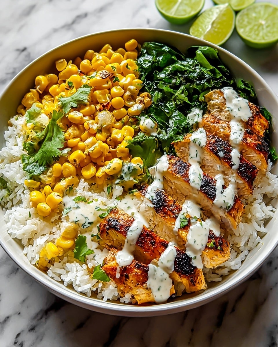 A white bowl filled with three main layers: the base is white cooked rice, topped on one side with bright yellow grilled corn kernels mixed with small bits of char and fresh green cilantro leaves; next to the corn are thick slices of grilled chicken breast with a golden-brown charred surface, drizzled with a creamy white sauce with herbs; on the other side of the chicken is a pile of fresh dark green leafy herbs or spinach also touched by the white sauce. In the background, there are halved limes with a light green interior, all set on a white marbled surface. photo taken with an iphone --ar 4:5 --v 7