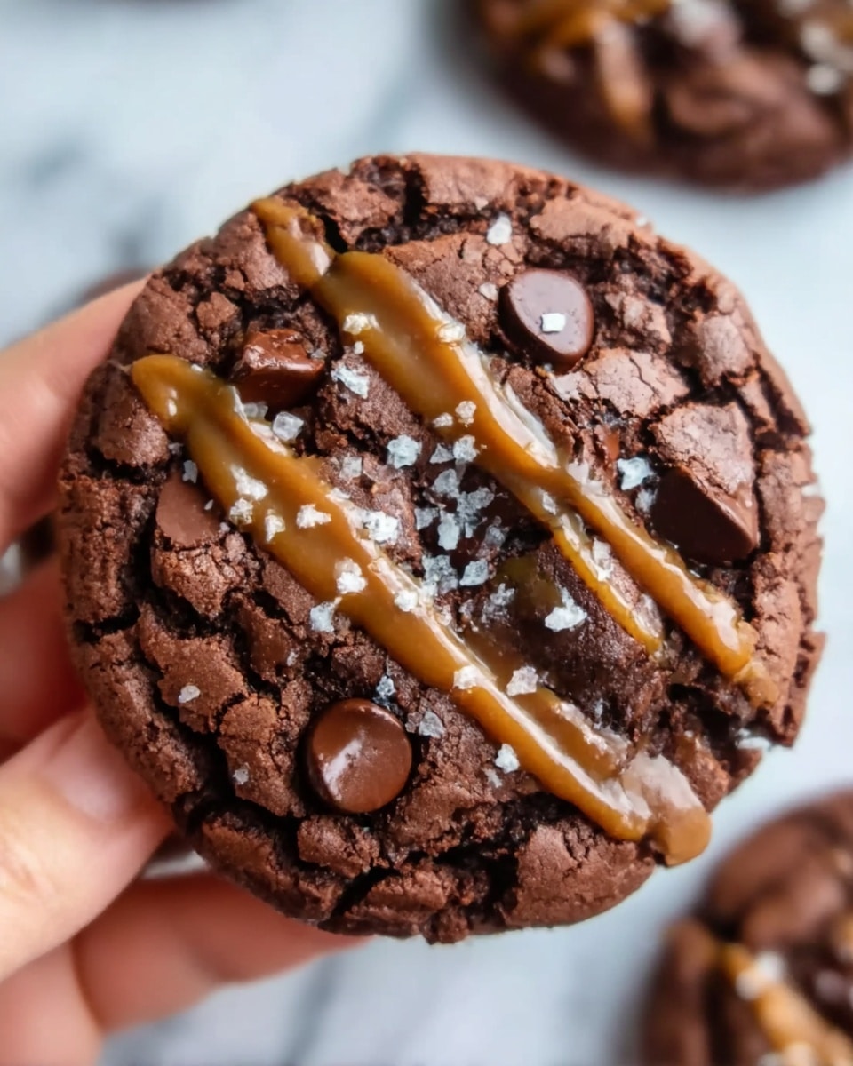A close-up view of a thick chocolate cookie with a rough, cracked surface showing dark brown and slightly melted chocolate chips. On top, there are two smooth caramel stripes drizzled across the cookie, sparkling with small flakes of sea salt. The cookie is held by a woman's hand, with another cookie blurred in the white marbled background underneath. The overall look is rich and textured with a mix of soft and crunchy layers. Photo taken with an iphone --ar 4:5 --v 7