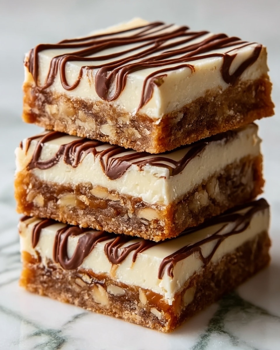 The image shows three layered dessert bars stacked on top of each other on a white marbled surface. Each bar has a thick, golden-brown base layer with a crunchy-looking texture and bits of nuts or caramel inside. The second layer is creamy, light beige with a smooth surface. The top layer is drizzled with thin, wavy lines of dark brown chocolate, creating a beautiful contrast on the lighter cream layer. The edges of the bars are neat, and the bars look moist and rich. photo taken with an iphone --ar 4:5 --v 7