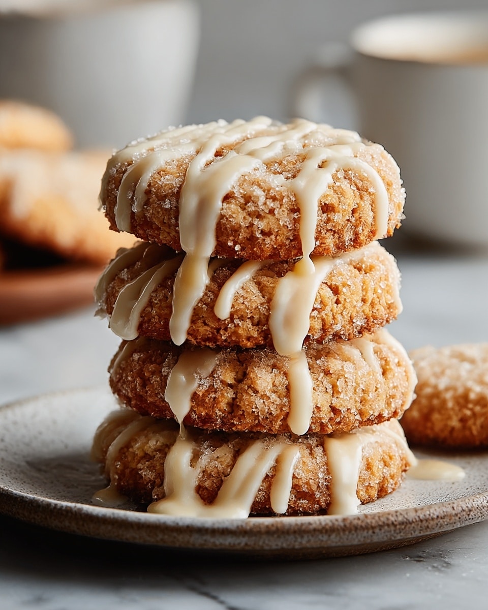 A stack of four round cookies with a rough, crumbly texture and golden-brown edges sits in the center of a white plate, each cookie generously drizzled with a creamy white icing that drips slightly down the sides. The cookies have a sugar-coated surface that catches the light, giving them a sparkling effect. The background shows blurred white cups and the whole scene is set on a white marbled surface, enhancing the crisp and warm look of the cookies. Photo taken with an iphone --ar 4:5 --v 7