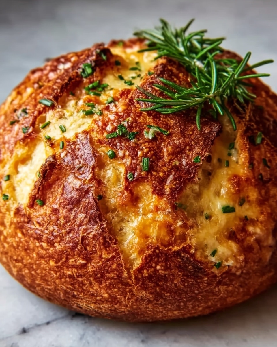 A round loaf of bread with a golden brown crust that is crispy and cracked, showing a soft, cheesy inside. The bread is topped with small green herbs scattered across the surface and a sprig of fresh rosemary placed on top for decoration. The texture looks crunchy outside and soft inside with gooey cheese visible in the cracks. The bread rests on a white marbled surface. Photo taken with an iphone --ar 4:5 --v 7