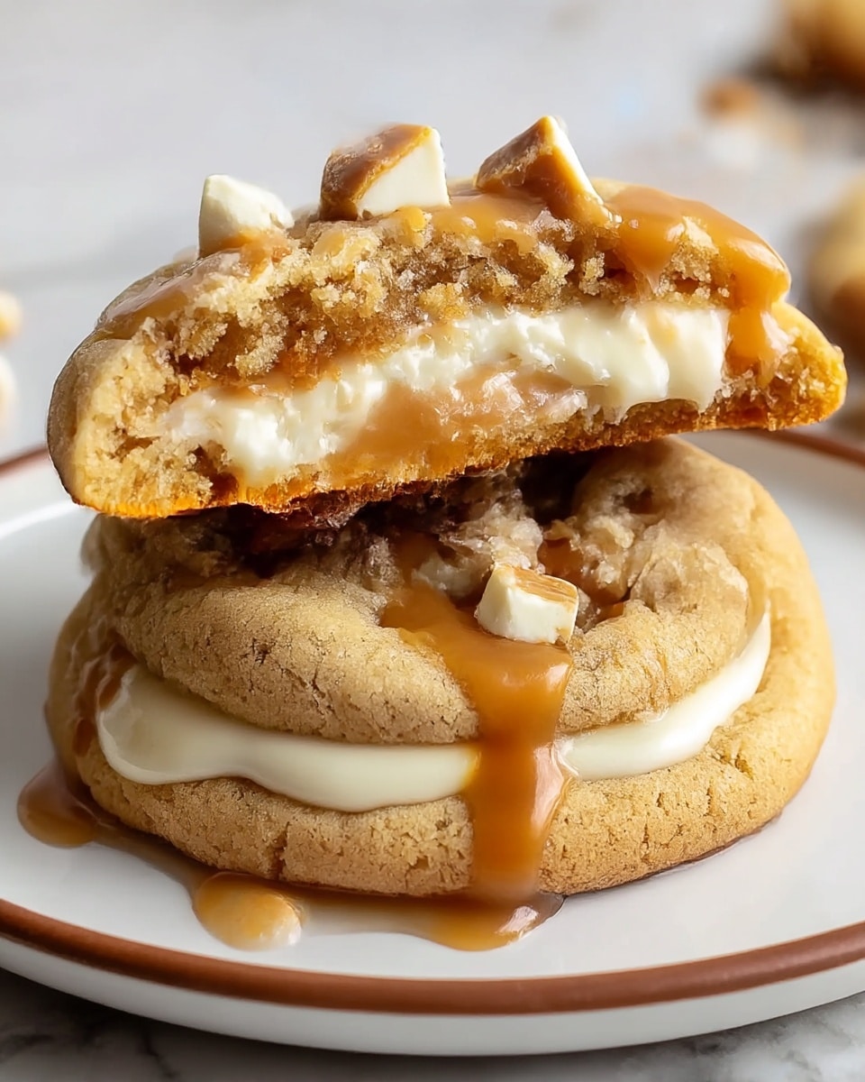 Two soft, chewy cookies are stacked on a white plate with a brown rim, placed on a white marbled surface. The top cookie is broken in half and resting on the whole cookie below it, showing gooey caramel and melted white chocolate layers inside. The cookie dough is light golden with a crumbly texture on the edges. Rich caramel sauce drips over the top cookie, decorated with small caramel chunks. The light caramel and white chocolate layers contrast with the golden dough, creating a warm and inviting look. photo taken with an iphone --ar 4:5 --v 7