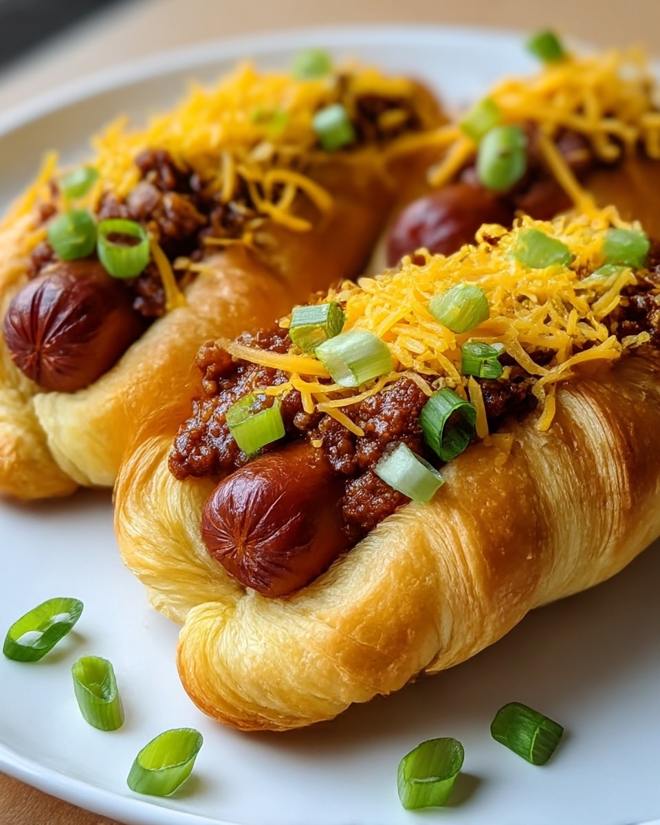 Three hot dogs are placed side by side on a white plate, each wrapped in a soft, golden-brown croissant dough forming a layered, flaky base. On top of the visible dark brown sausage, there is a layer of chunky, rich chili with a deep reddish-brown color, giving texture and moistness. Above the chili, a layer of bright yellow shredded cheddar cheese is scattered, melting slightly into the warm topping. Small pieces of fresh, vivid green chopped scallions are sprinkled over everything, adding a pop of color and freshness. A few scallion pieces have fallen onto the white plate. The photo is taken with an iphone --ar 4:5 --v 7