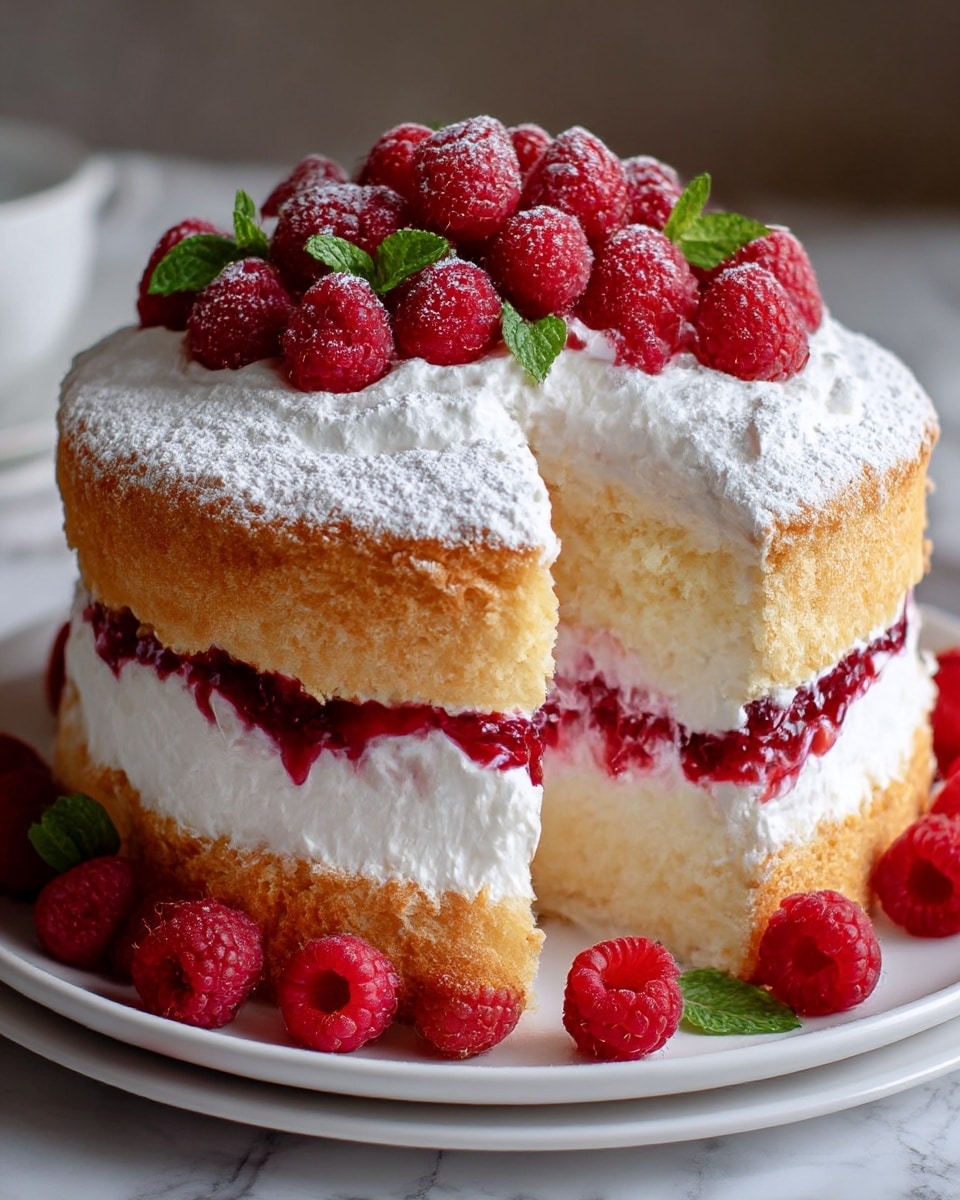 A round sponge cake with three visible layers, the bottom and top layers are light golden-brown sponge cake with a fluffy texture. The middle layer is white whipped cream with a thick band of bright red raspberry filling. The top of the cake is covered with a thick layer of white whipped cream, dusted lightly with powdered sugar, and topped with a bunch of fresh red raspberries and green mint leaves. Some raspberries are placed around the base of the cake on a white plate, all set on a white marbled surface. photo taken with an iphone --ar 4:5 --v 7