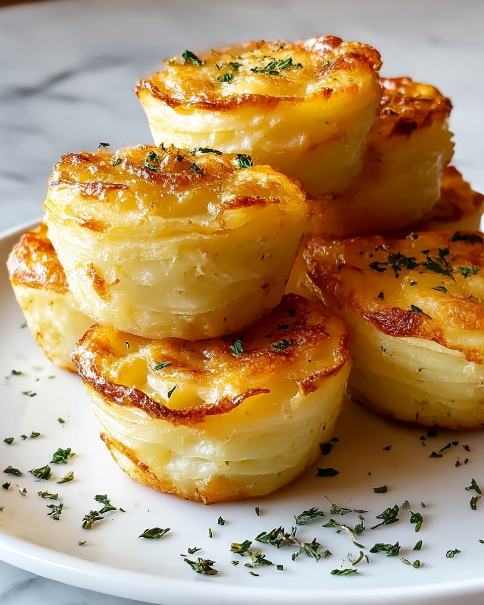 A white plate holds a stack of six round cheesy potato cups, each with multiple visible layers of golden brown and creamy pale yellow. The tops are slightly browned and crispy, sprinkled with small green herb pieces that add contrast. The texture looks soft and fluffy inside with a lightly crunchy outer edge. Some herb bits are scattered around the plate on a white marbled surface. The photo taken with an iphone --ar 4:5 --v 7