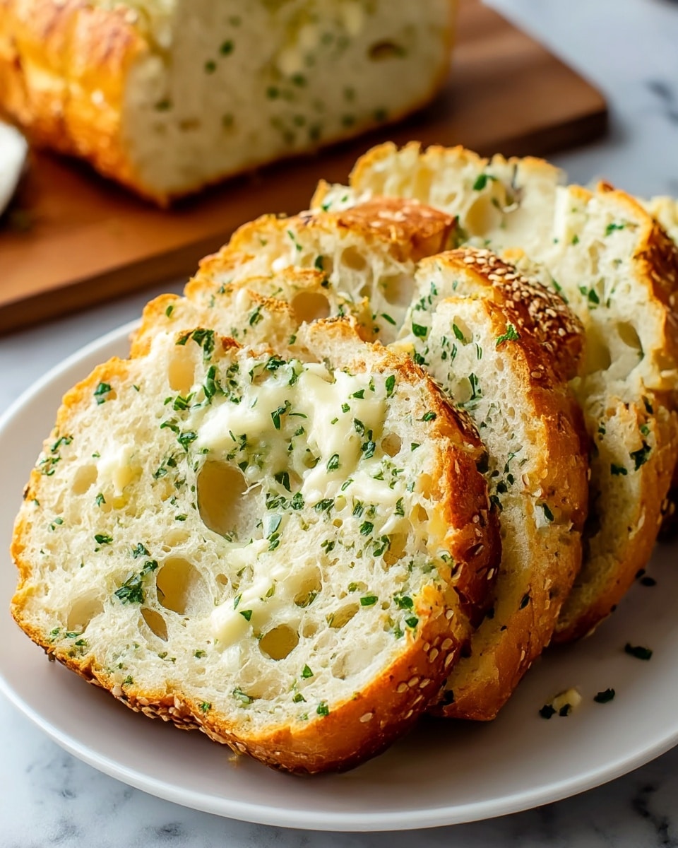 A white plate holds several thick slices of garlic bread arranged side by side, each slice showing a golden-brown crust speckled with sesame seeds and a soft, white interior. The inside of the bread is topped with melted white cheese and sprinkled with green chopped herbs, giving a fresh and flavorful look. The texture of the bread is fluffy with some small holes visible, and the edges are slightly crispy. In the background, there is a partial view of the remaining loaf on a wooden board, all set against a white marbled surface. photo taken with an iphone --ar 4:5 --v 7