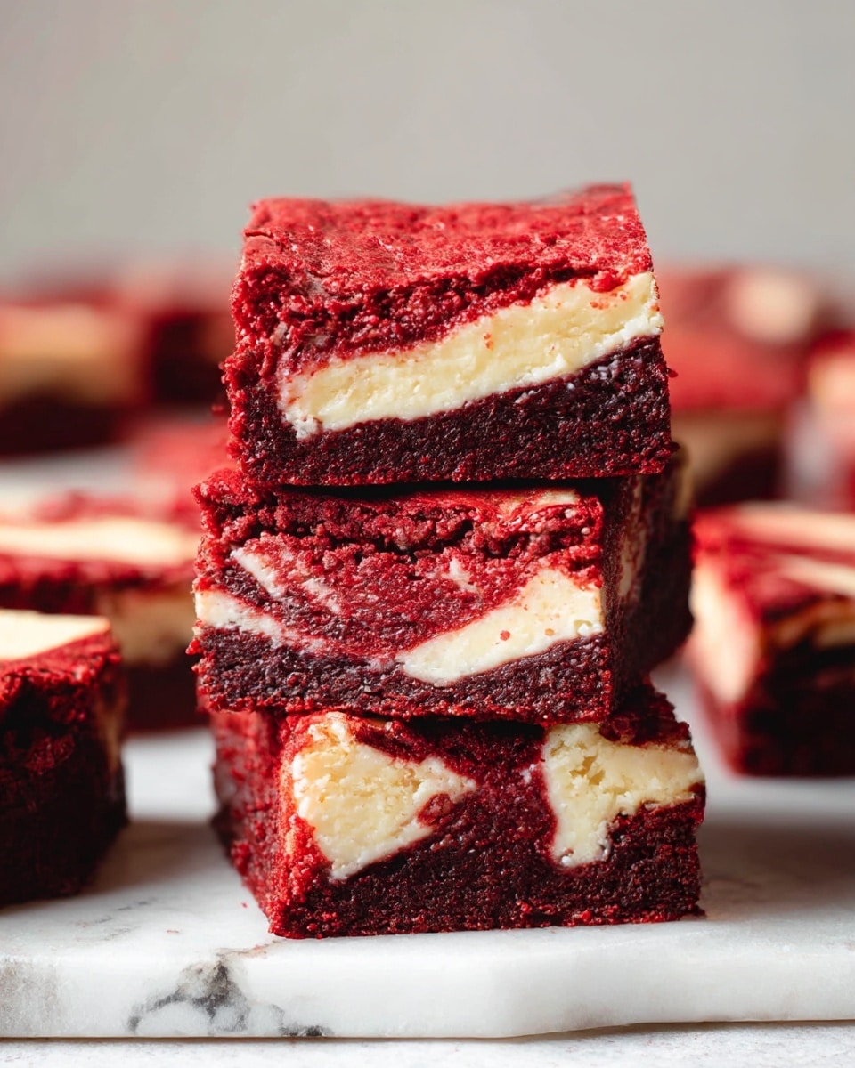 A stack of three red velvet brownies with a creamy white cheese layer swirled through each piece, showing a rich red crumb mixed with smooth white in the middle. The top brownie has a textured red surface with swirls of white cheese peeking through. They sit on a white marbled slab, with more brownies blurred in the background on the same white marbled texture. The layers highlight the contrast between the deep red chocolate layer and the creamy white cheese filling inside. photo taken with an iphone --ar 4:5 --v 7