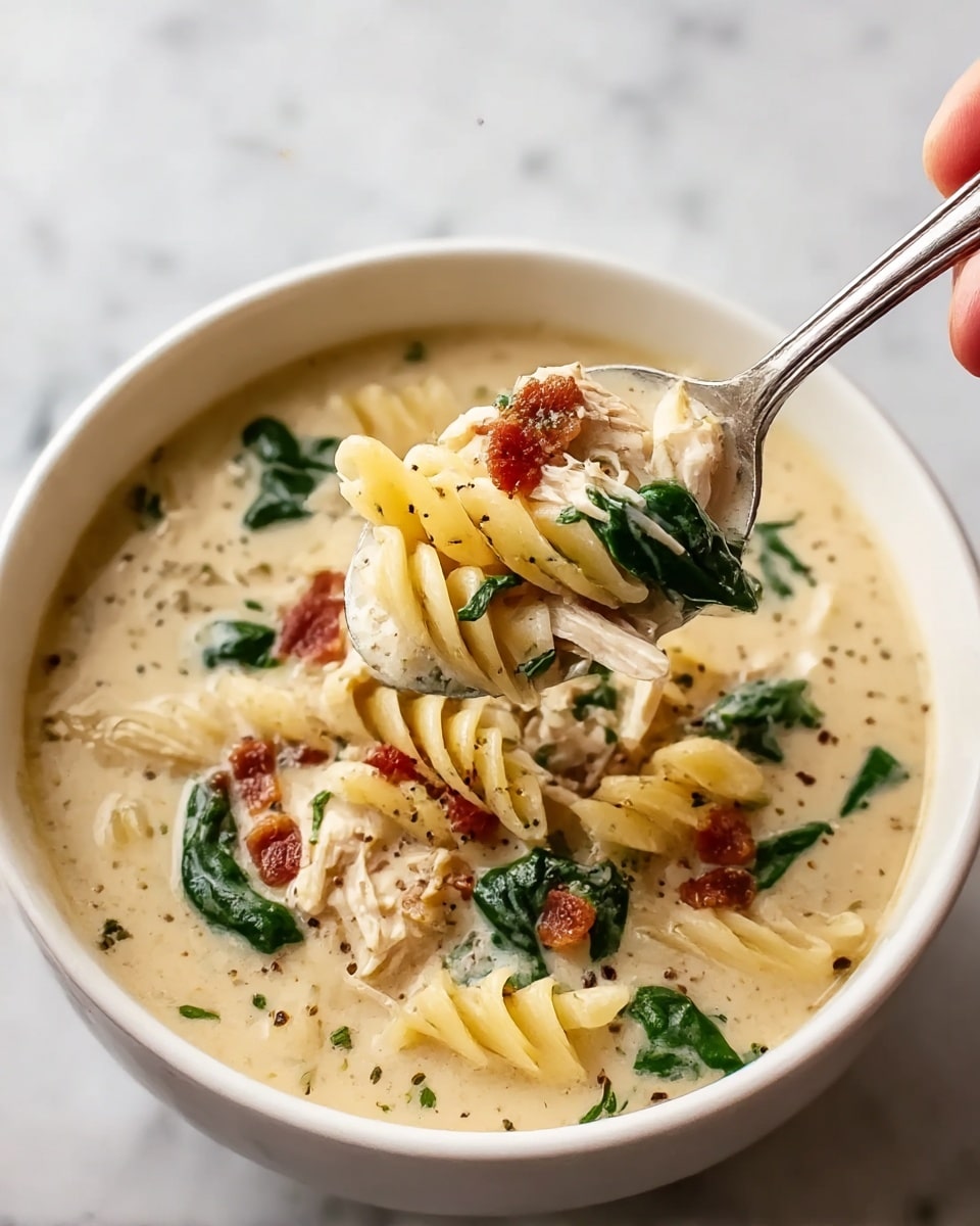 A close-up view of a white bowl filled with creamy soup, showing a thick layer of light beige broth with a smooth texture. Inside the soup, there are medium-sized yellow pasta spirals, chunks of shredded light brown chicken, and dark green spinach leaves evenly mixed. On top, small pieces of reddish-brown bacon bits and specks of black pepper and green herbs float, adding color contrast. A spoon lifts a portion from the bowl, holding pasta, chicken, and spinach, with a woman's hand holding the spoon above the bowl. The background surface is a white marbled texture. Photo taken with an iphone --ar 4:5 --v 7