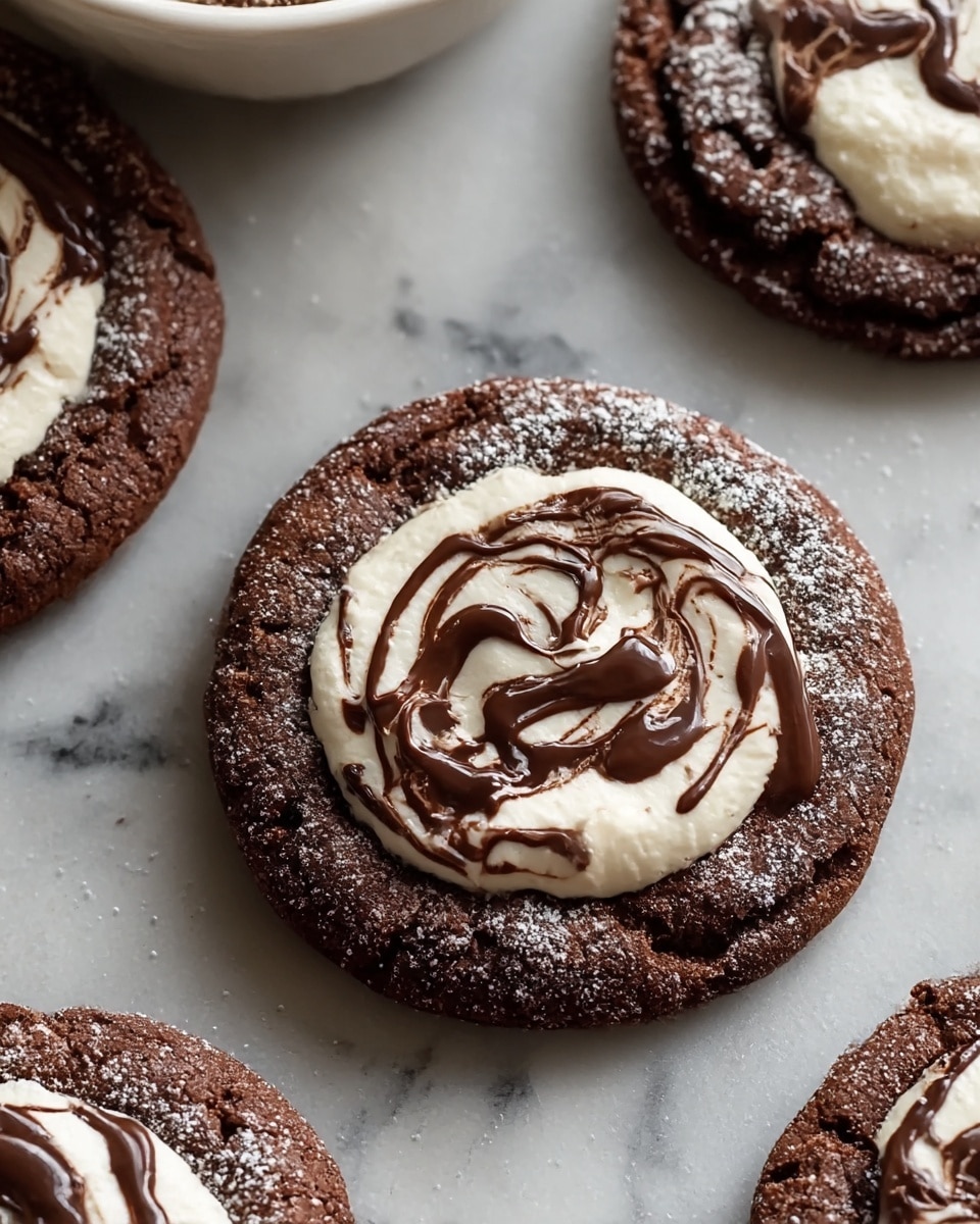 A close-up of a single chocolate cookie with two layers placed on a white marbled surface. The bottom layer is thick, dark brown, and slightly cracked with a soft texture. The top layer is a dollop of creamy white frosting in the center, swirled with dark brown chocolate drizzle forming irregular patterns. There is a light dusting of powdered sugar over the frosting and cookie edges, adding a soft white speckled effect. Surrounding the cookie are parts of three other similar cookies and a white bowl partially shown at the top left corner. photo taken with an iphone --ar 4:5 --v 7