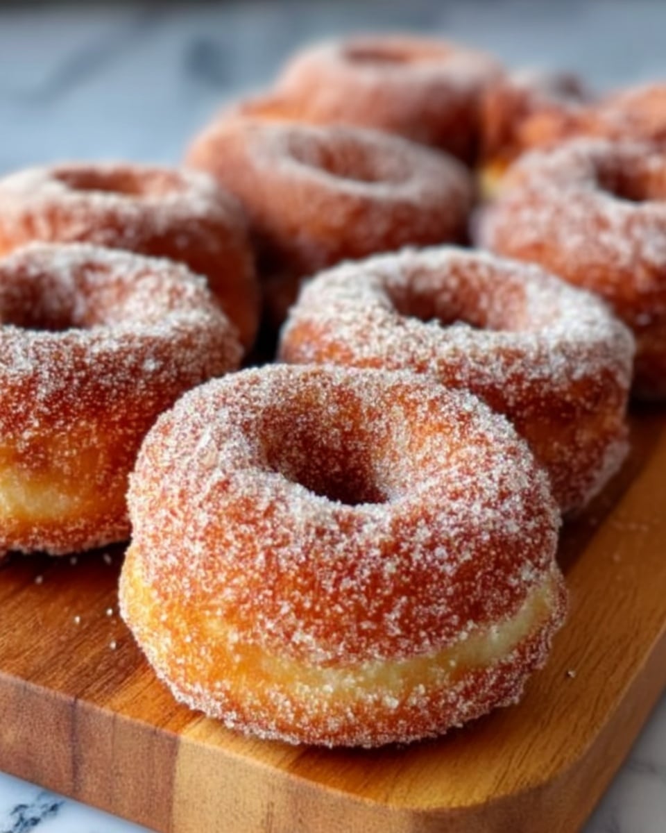 The image shows a close-up of several sugar-coated donuts arranged on a wooden board. Each donut has a golden-brown crispy outside, unevenly covered with white sugar crystals that catch the light. The donuts are round with a hole in the center, and their texture looks soft and fluffy inside. The wooden board beneath them has natural wood grain, and the background is a white marbled texture. photo taken with an iphone --ar 4:5 --v 7