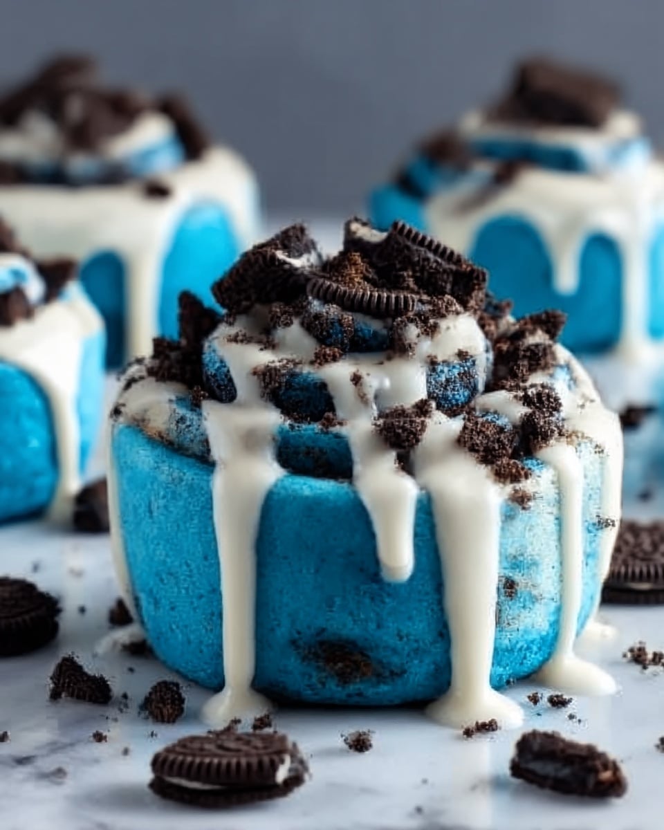 The image shows a blue cinnamon roll with three main layers: the bottom dough layer is bright blue and soft with a smooth texture, the middle layer features thick, white icing or glaze dripping down the sides, and the top layer has crumbled dark chocolate cookie pieces scattered evenly, adding a rough texture on top. The roll sits on a white marbled surface with more cookie crumbs around it, and parts of other similar rolls are visible in the background. Photo taken with an iphone --ar 4:5 --v 7