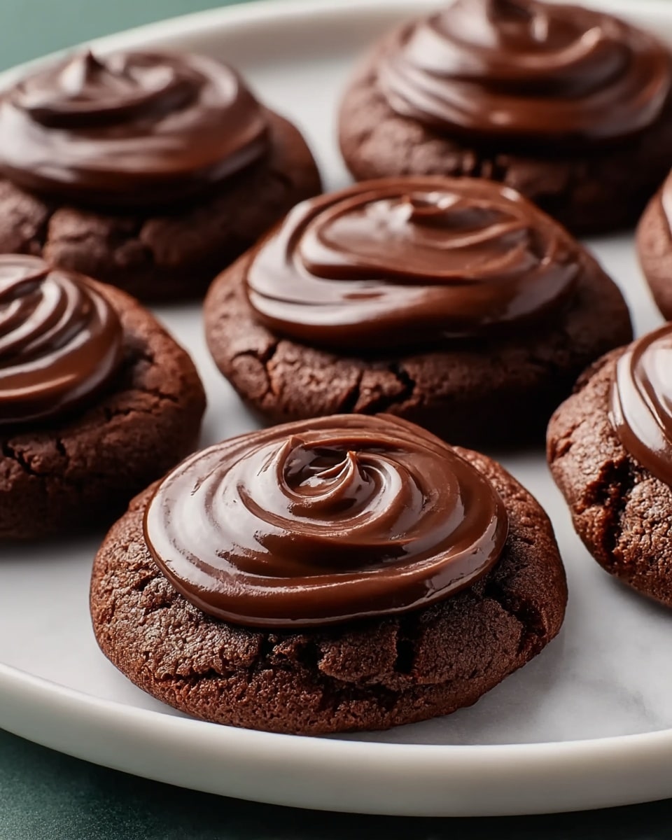 A close-up view of soft chocolate cookies placed on a white plate, each cookie topped with one thick layer of shiny, dark chocolate frosting swirled smoothly on top. The cookies are rich brown with a slightly cracked texture, and the glossy chocolate layer adds a smooth, creamy contrast. The white plate sits on a white marbled surface, and the image focuses closely on a few cookies grouped together, showing the dense, moist texture of the cookies with the rich chocolate frosting shining under soft lighting. Photo taken with an iphone --ar 4:5 --v 7