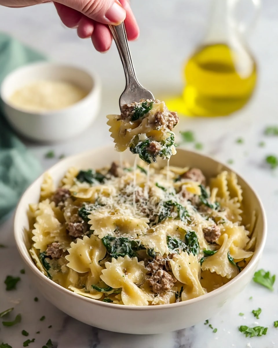 A close-up of a white bowl filled with three layers: the bottom layer is a bed of cooked farfalle pasta in a light yellow color, the middle layer consists of pieces of cooked ground meat with a brownish texture and sautéed dark green spinach leaves mixed throughout, and the top layer shows grated cheese sprinkled over the pasta and meat, giving a slightly creamy look. A woman's hand holds a silver fork lifting a bite of the dish with visible farfalle pasta, meat, spinach, and cheese. In the background, there is a small white bowl with more grated cheese and a glass bottle of yellow olive oil on a white marbled surface, with some scattered green herbs for decoration. photo taken with an iphone --ar 4:5 --v 7