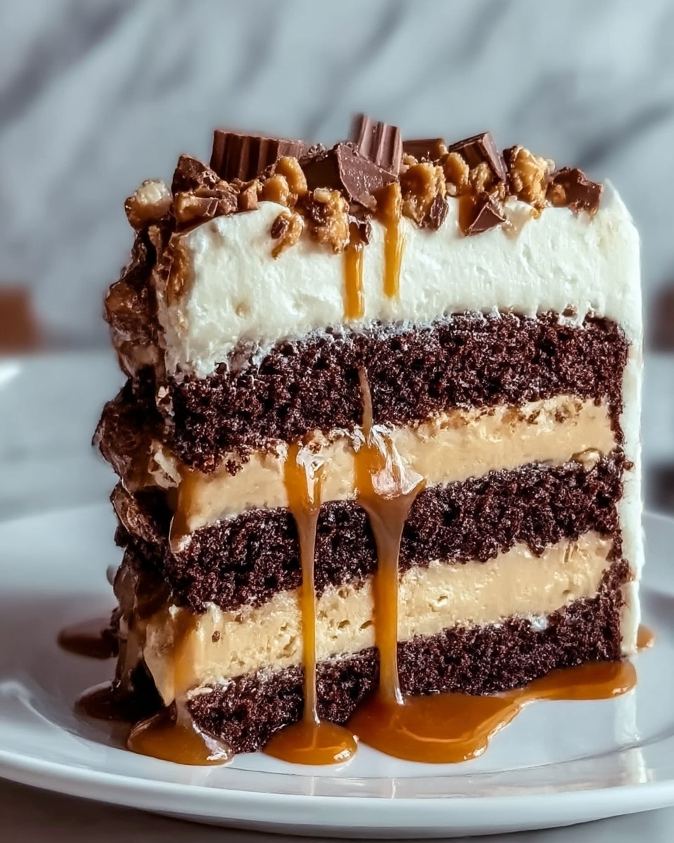 A tall slice of chocolate cake with three visible layers of dark chocolate sponge. Between the bottom and middle sponge layers, there is a thick layer of smooth caramel cream with a light beige color. Between the middle and top sponge layers, there is another layer of the same caramel cream. The top of the slice is covered with a thick white cream layer that looks soft and fluffy. On top of the cream layer, there are small chocolate pieces and crunchy caramel bits spread evenly. Caramel sauce is dripping down the sides of the cake slice, pooling slightly on the white plate below. The background is a soft focus with a white marbled texture surface. photo taken with an iphone --ar 4:5 --v 7