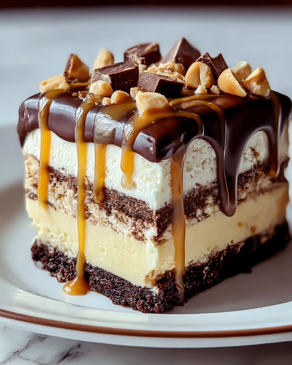 A close-up view of a multi-layered dessert slice on a white plate with a light brown rim, set on a white marbled surface. The bottom layer is a dark, crumbly chocolate base, topped by a thick, creamy light yellow layer. Above that is a fluffy white cream layer with thin dark chocolate lines running horizontally through it. On top is a glossy dark chocolate ganache that drips down the sides, mixed with golden caramel sauce that also drips down. The top is decorated with dark chocolate chunks and golden caramel nuts scattered around. photo taken with an iphone --ar 4:5 --v 7
