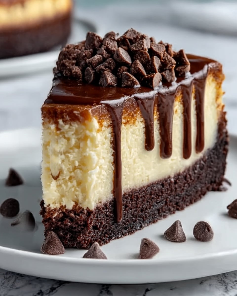 A close-up of a slice of layered cheesecake on a white plate with a white marbled surface background. The bottom layer is dark, rich chocolate cake, thick and dense, topped by a creamy, pale yellow cheesecake layer that is smooth and firm. The top of the cheesecake is covered with a glossy, dark chocolate drizzle that runs down the sides, and a chunky layer of chocolate chips sits on top, adding texture. Some loose chocolate chips are scattered on the plate around the slice. Photo taken with an iphone --ar 4:5 --v 7